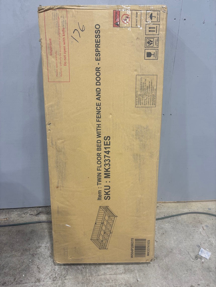 Brand New in Box Floor Platform Bed With Fence Guardrails And Door, Twin Size, Espresso (#176)