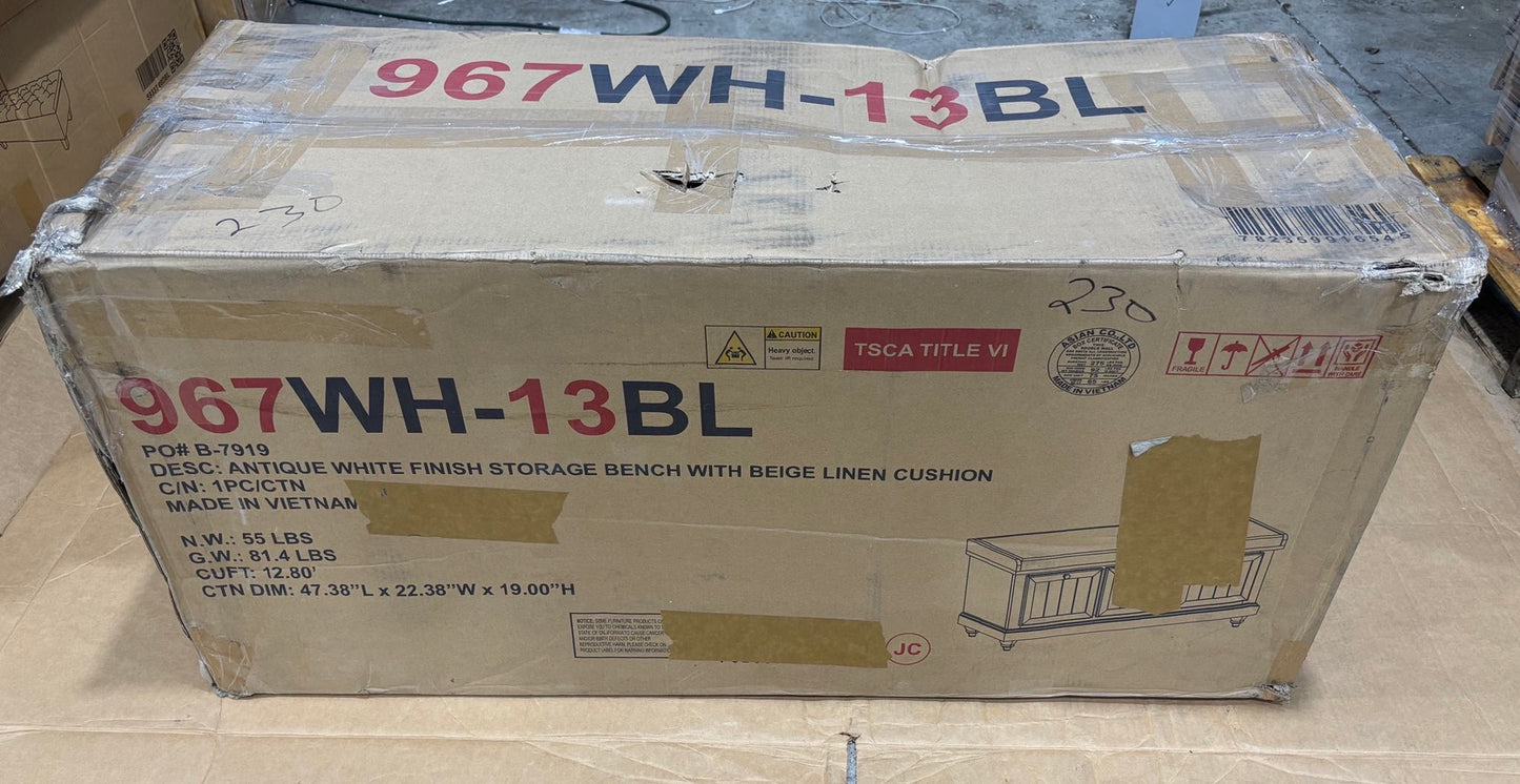 Brand New in Box Linen Upholstered Storage Bench, Antique White (#230)
