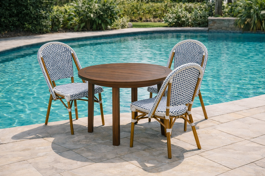 Brand New in Box Martha Stewart Lily Pond All-Weather Stackable Patio Chairs, Blue/Brown, Set of Three (#202)