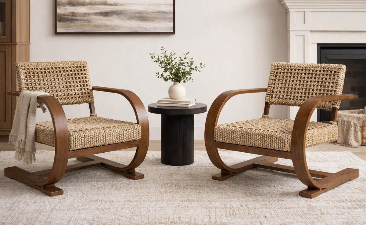 Brand New Set of Two Elara 30" W Woven Teak Wood Armchairs