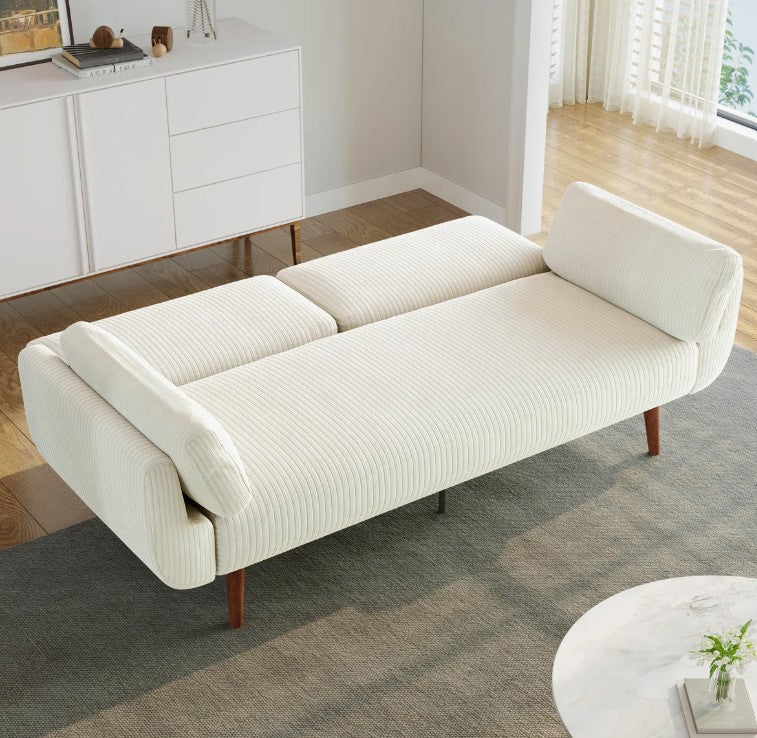 Brand New in Box Upholstered Beige Corduroy Convertible Sofa Bed, Futon Sleeper (#212)