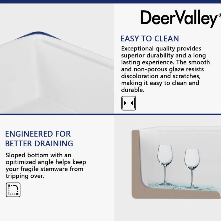 Brand New in Box DeerValley Fireclay 30” Single Basin Curved Farmhouse Kitchen Sink (#222)