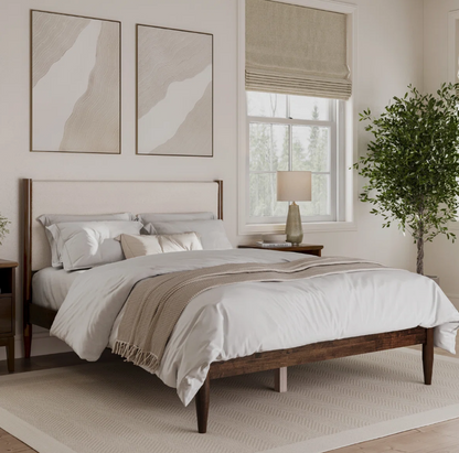 Brand New in Box Solid Wood Boucle Upholstered Headboard Queen bed, Walnut Cream Boucle, (#245)