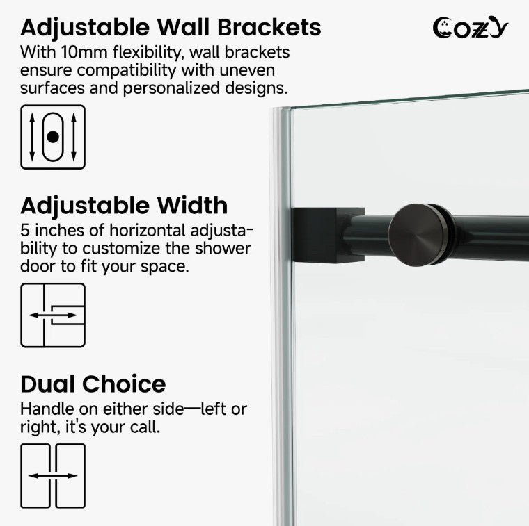 Brand New in Box 74-79" W X 76" H Frameless Single Sliding Shower Door, Matte Black (#293)