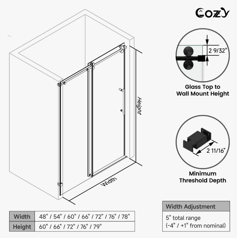 Brand New in Box 74-79" W X 76" H Frameless Single Sliding Shower Door, Matte Black (#293)