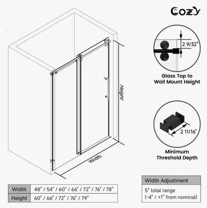 Brand New in Box 74-79" W X 76" H Frameless Single Sliding Shower Door, Matte Black (#293)