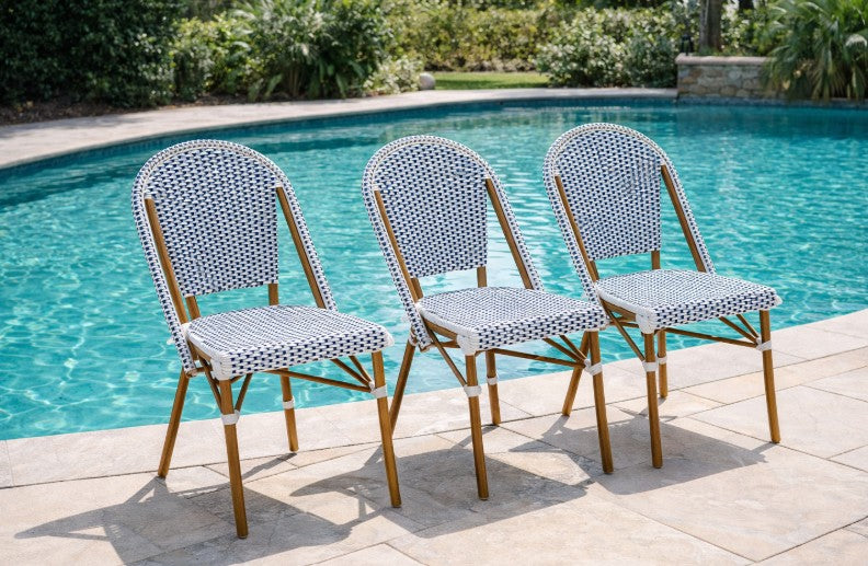 Brand New in Box Martha Stewart Lily Pond All-Weather Stackable Patio Chairs, Blue/Brown, Set of Three (#202)