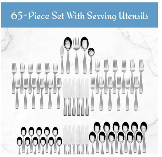 Brand New in Box Mikasa Satin Loft 65-Piece Flatware Set for 12, 18/10 Stainless Steel (#190)
