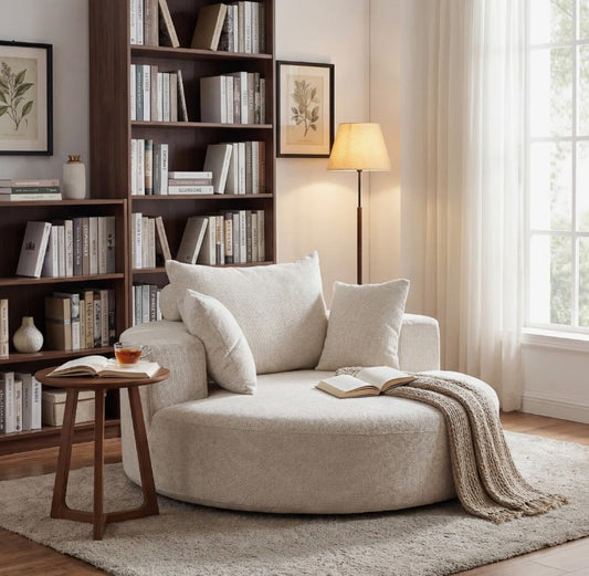 Brand New in Box 55" Wide Swivel Round Pillow Back Sofa With Cushions, Beige (#106)