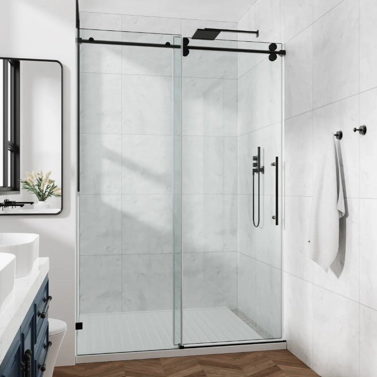 Brand New in Box 74-79" W X 76" H Frameless Single Sliding Shower Door, Matte Black (#293)