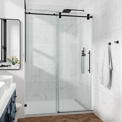 Brand New in Box 74-79" W X 76" H Frameless Single Sliding Shower Door, Matte Black (#293)