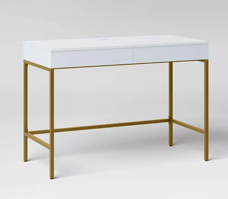 Brand New in Box Wood Writing Desk with Drawers and Charging Station White/Gold (#276)