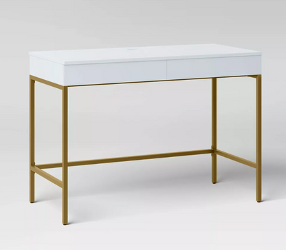 Brand New in Box Wood Writing Desk with Drawers and Charging Station White/Gold (#276)