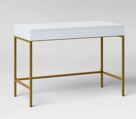 Brand New in Box Wood Writing Desk with Drawers and Charging Station White/Gold (#276)