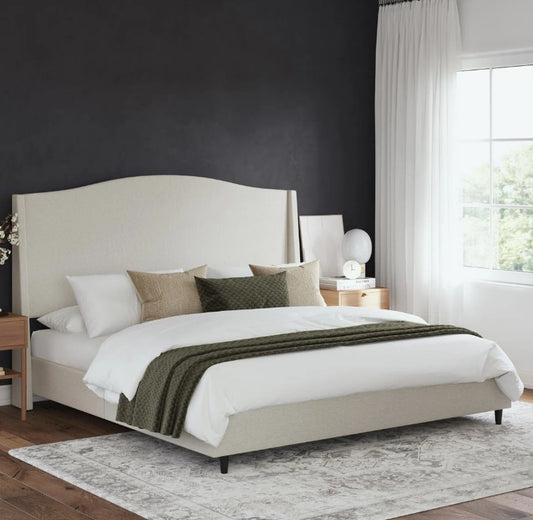 Brand New in Box Upholstered Wingback Platform King Size Bed with Curved Headboard, Cream (#238)