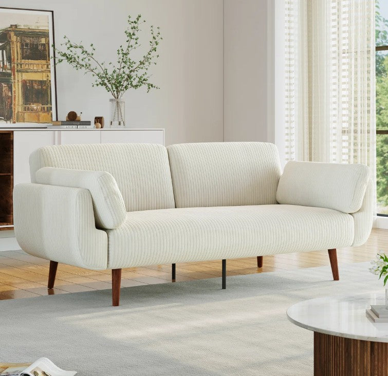 Brand New in Box Upholstered Beige Corduroy Convertible Sofa Bed, Futon Sleeper (#212)