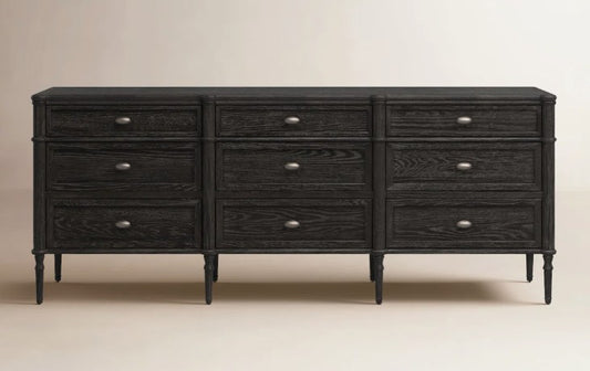 Brand New in Box 85" W 9-Drawer Solid Oak Dresser, Distressed Black (#247)