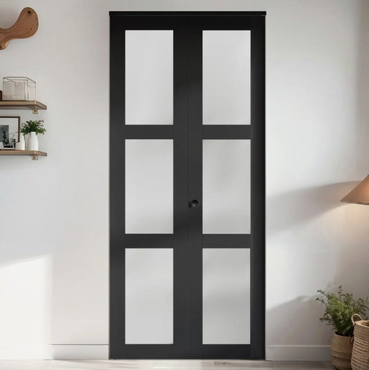 Brand New in Box 3-Lite Frosted Glass and Black Manufactured Wood Bi-Fold Doors w/ HW Kit. (#103)