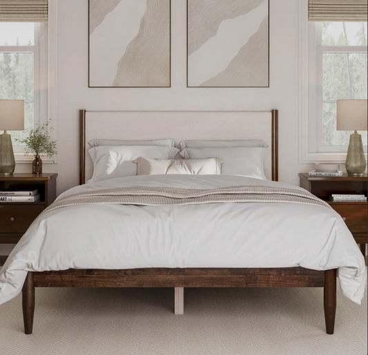 Brand New in Box Solid Wood Boucle Upholstered Headboard Queen bed, Walnut Cream Boucle, (#245)
