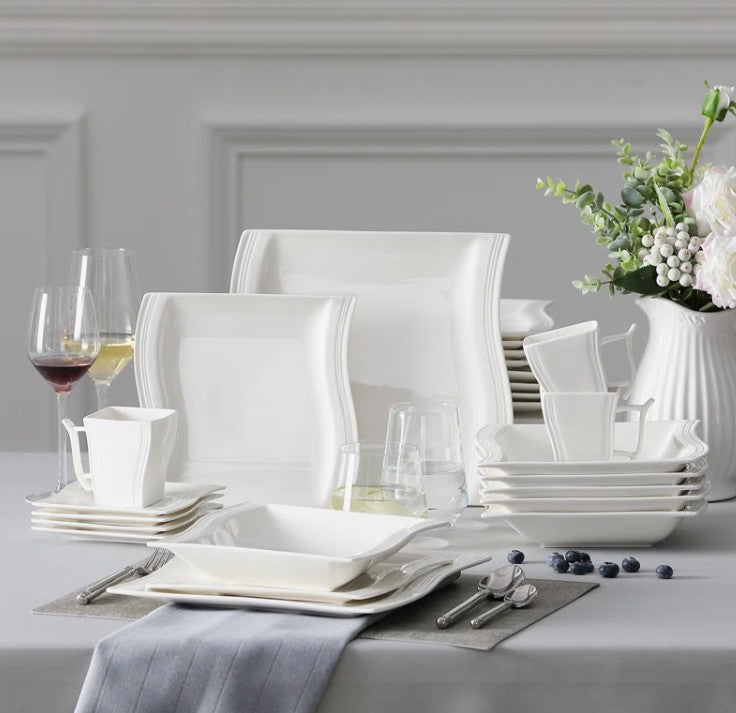 Brand New in Box 30-Piece Square Porcelain Dinnerware Sets, Service For 6 (Two Available) (#180)