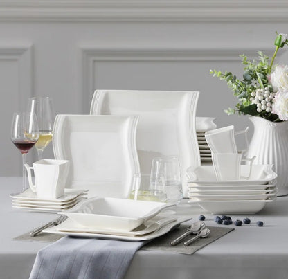 Brand New in Box 30-Piece Square Porcelain Dinnerware Sets, Service For 6 (Two Available) (#180)