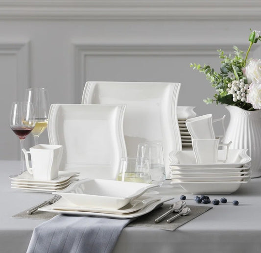 Brand New in Box 30-Piece Square Porcelain Dinnerware Sets, Service For 6 (Two Available) (#180)
