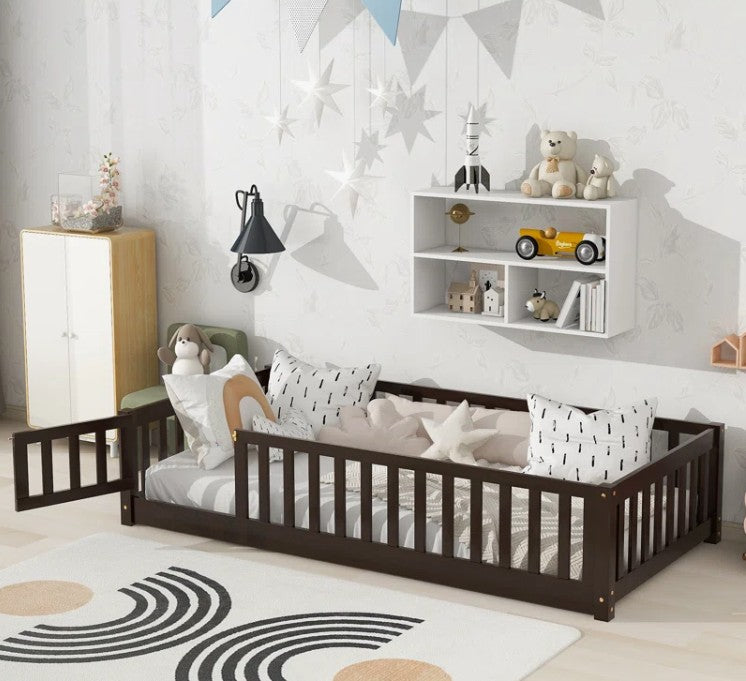 Brand New in Box Floor Platform Bed With Fence Guardrails And Door, Twin Size, Espresso (#176)