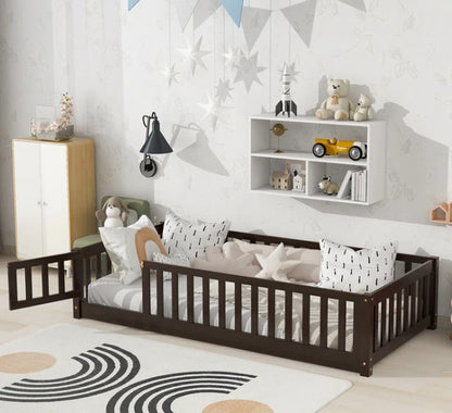 Brand New in Box Floor Platform Bed With Fence Guardrails And Door, Twin Size, Espresso (#176)