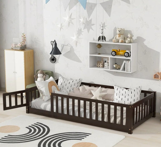 Brand New in Box Floor Platform Bed With Fence Guardrails And Door, Twin Size, Espresso (#176)
