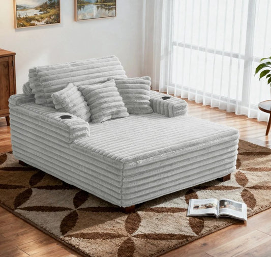 Brand New in Box Upholstered Compression Light Gray Faux Fur Chaise Lounge Sofa Bed (#257)