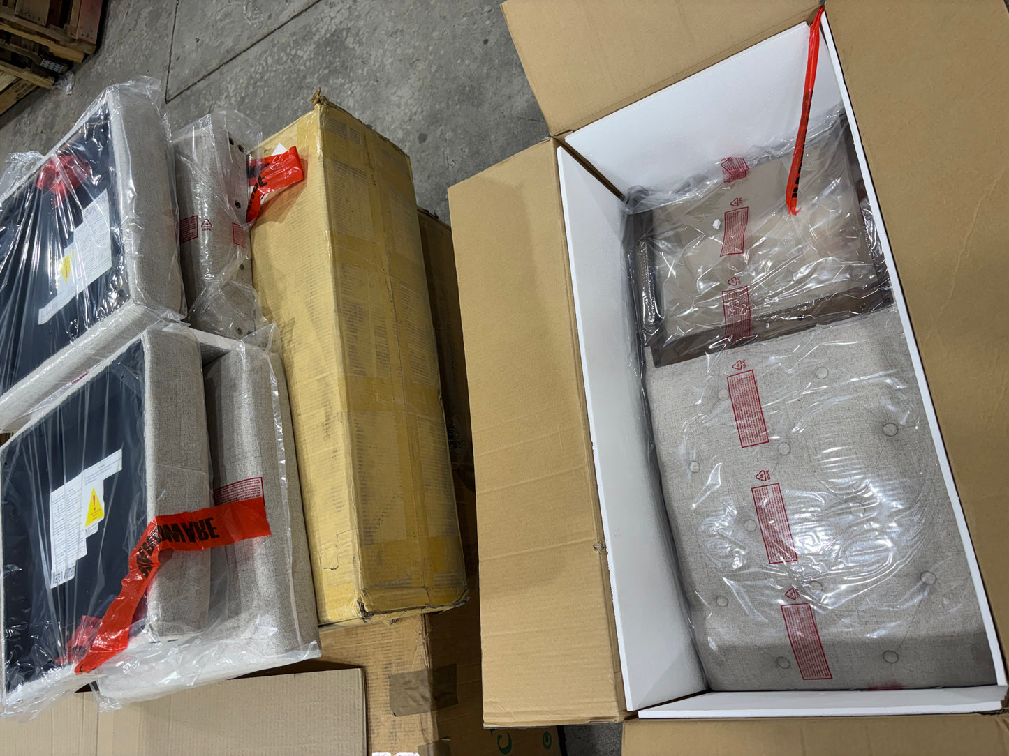 Brand new in box Set of Four Farmhouse Dining Chairs and Bench, Upholstered, Brown/Beige (#162)