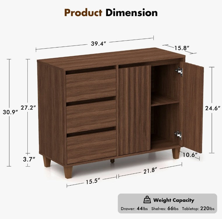 Brand New in Box Modern Style Sideboard with Adjustable Shelf & 3 Drawers, Brown (#290)