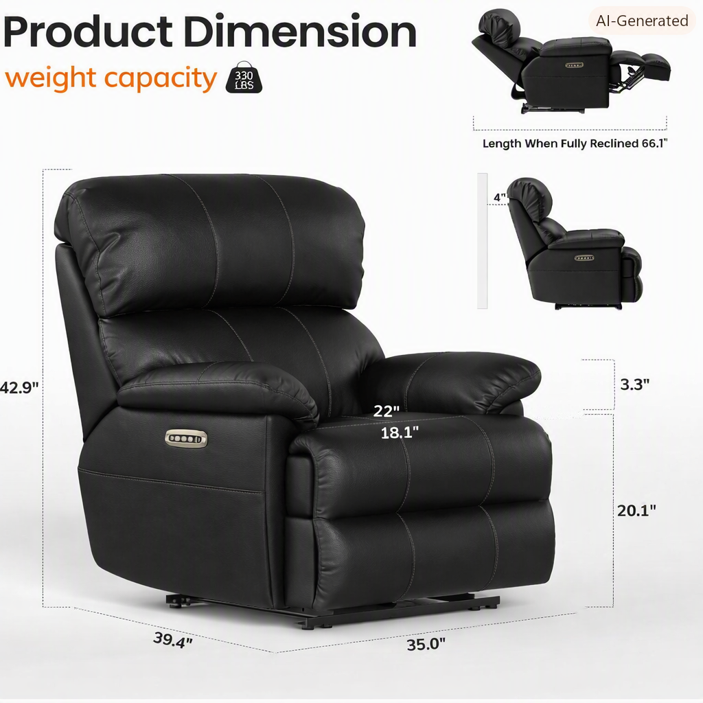 Brand New in Box Power Recliner Chair with Power Headrest & Lumbar Support, Black (#241)