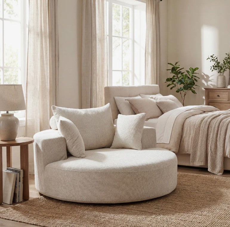 Brand New in Box 55" Wide Swivel Round Pillow Back Sofa With Cushions, Beige (#106)