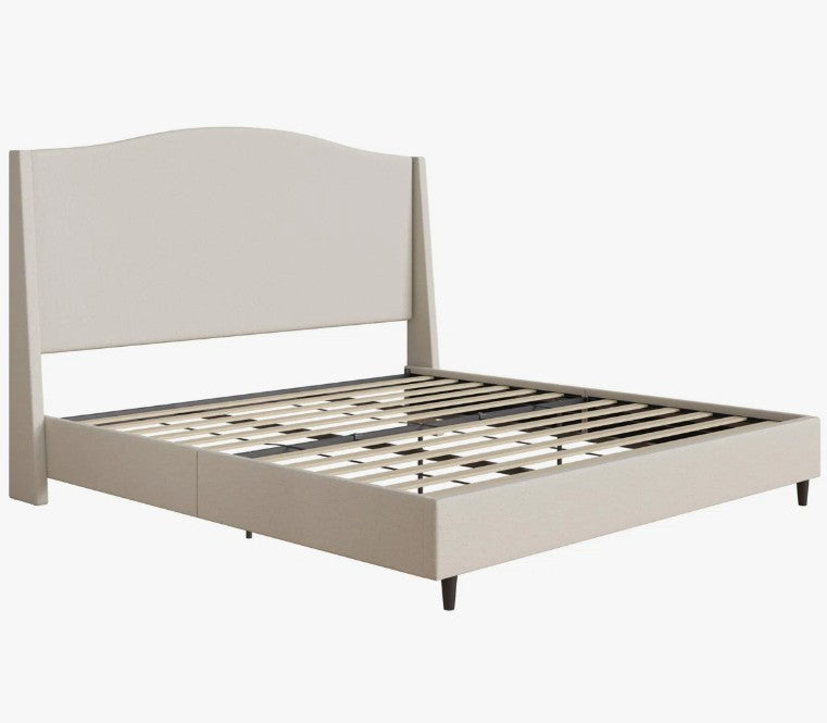 Brand New in Box Upholstered Wingback Platform King Size Bed with Curved Headboard, Cream (#238)