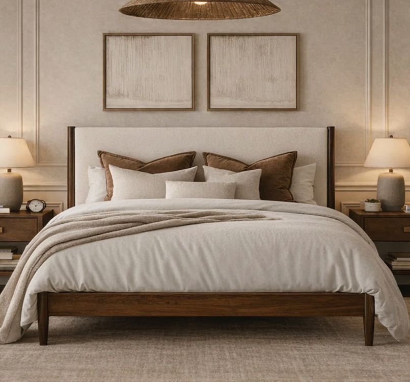 Brand New in Box Solid Wood Boucle Upholstered Headboard Queen bed, Walnut Cream Boucle, (#245)