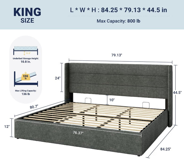 Brand New in Box King Size Lift Up Hydraulic Storage Bed Frame Dark Grey (#298)