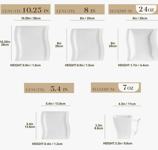 Brand New in Box 30-Piece Square Porcelain Dinnerware Sets, Service For 6 (Two Available) (#180)
