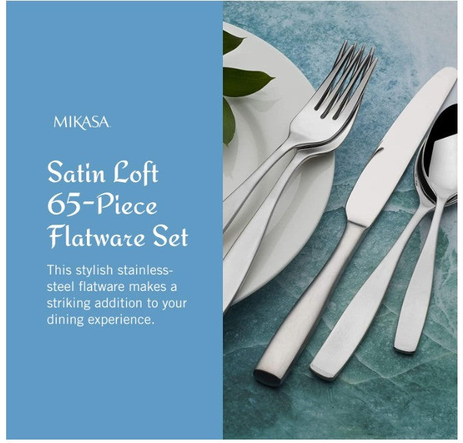 Brand New in Box Mikasa Satin Loft 65-Piece Flatware Set for 12, 18/10 Stainless Steel (#190)