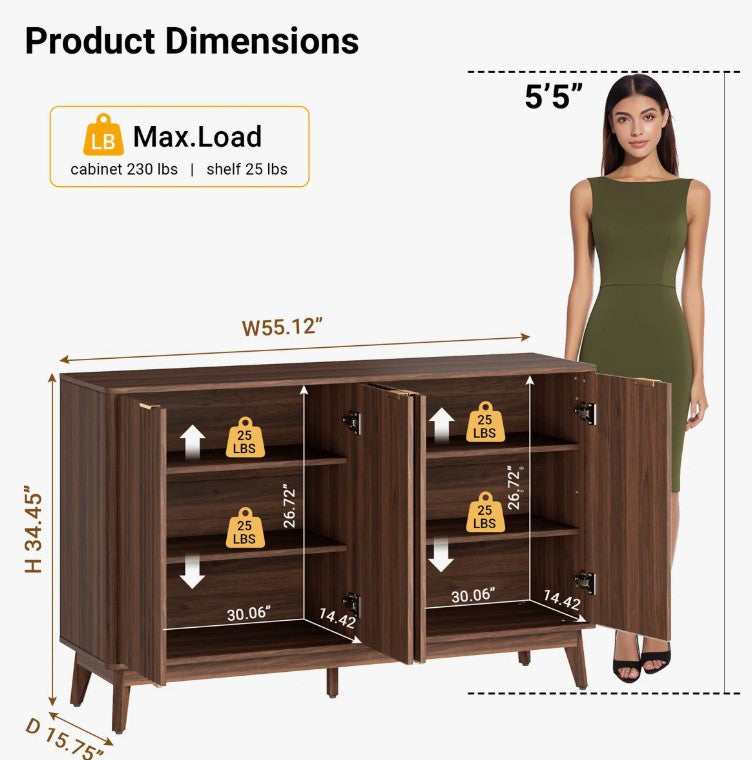 Brand New in Box 55'' Sideboard with Solid Wood Legs & 2 Adjustable Shelves, Walnut (#296)