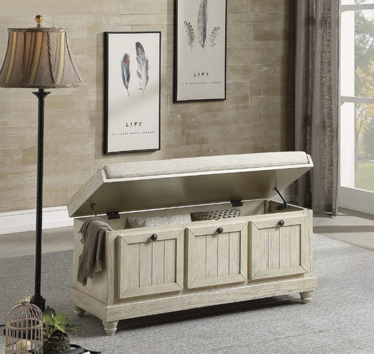 Brand New in Box Linen Upholstered Storage Bench, Antique White (#230)