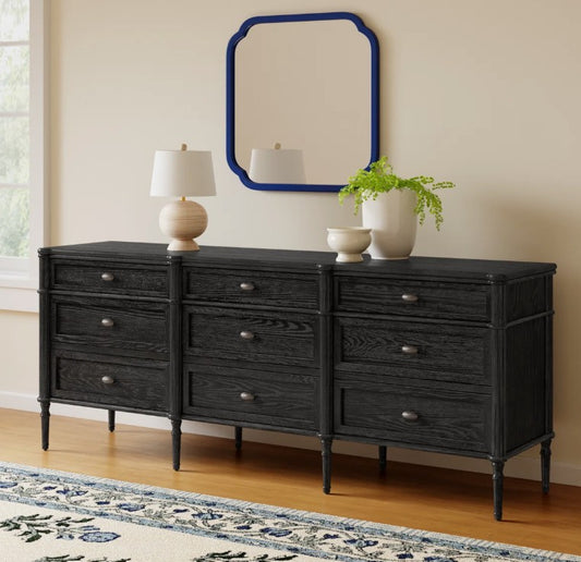 Brand New in Box 85" W 9-Drawer Solid Oak Dresser, Distressed Black (#247)
