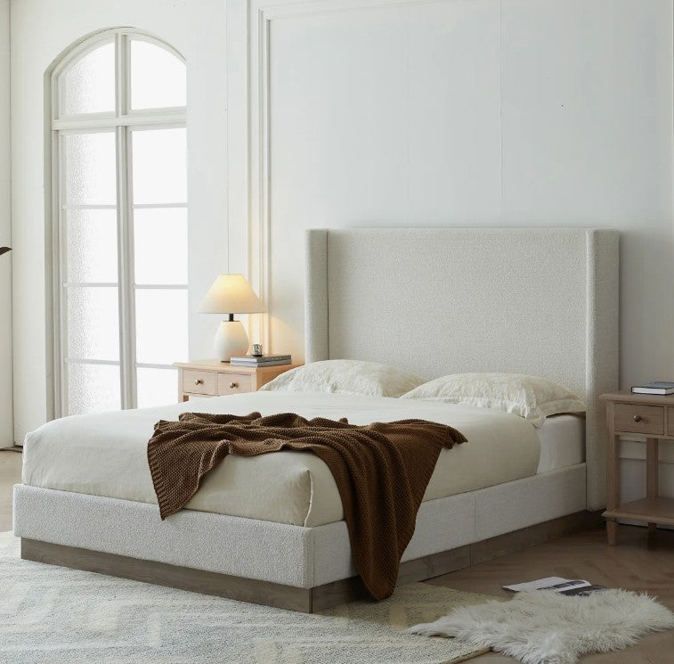 Brand New in Box Queen Size Hosford Upholstered Wingback Bed, Cream White Boucle (#286)