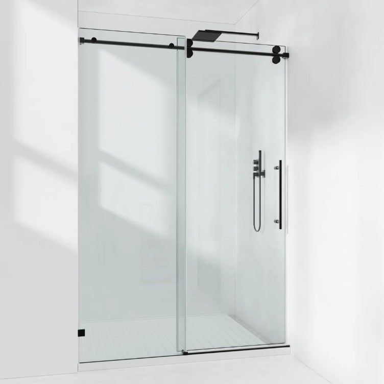 Brand New in Box 74-79" W X 76" H Frameless Single Sliding Shower Door, Matte Black (#293)