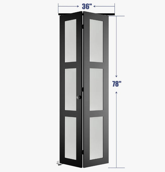 Brand New in Box 3-Lite Frosted Glass and Black Manufactured Wood Bi-Fold Doors w/ HW Kit. (#103)