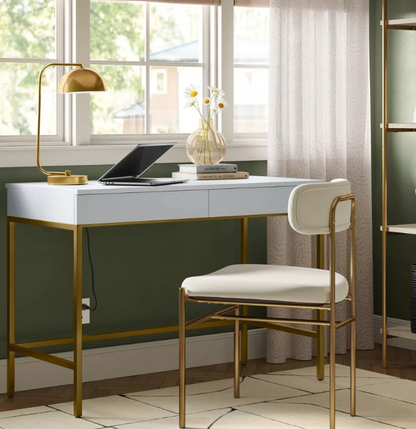 Brand New in Box Wood Writing Desk with Drawers and Charging Station White/Gold (#276)