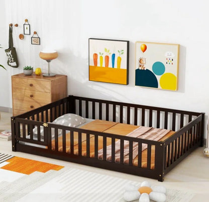 Brand New in Box Floor Platform Bed With Fence Guardrails And Door, Twin Size, Espresso (#176)