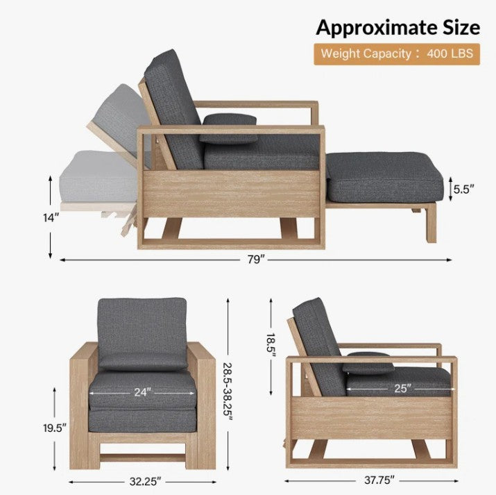 Brand New in Box Modern 37.75'' W Extendable Solid Wood Chaise Lounge w/ Lumbar Pillow (#196)