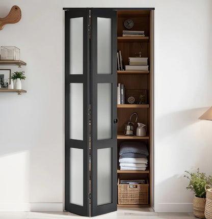 Brand New in Box 3-Lite Frosted Glass and Black Manufactured Wood Bi-Fold Doors w/ HW Kit. (#103)