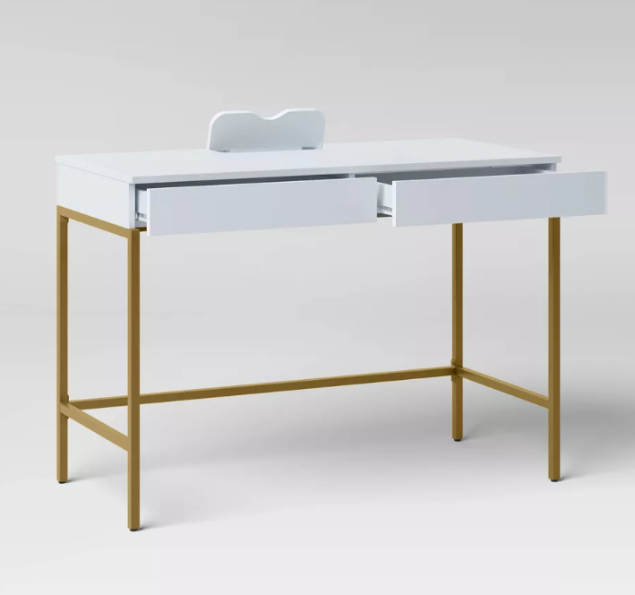 Brand New in Box Wood Writing Desk with Drawers and Charging Station White/Gold (#276)